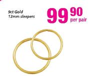 9ct Gold 12mm Sleepers-Per Pair
