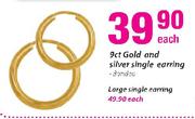 9ct Gold And Silver Single Earring Banded Each