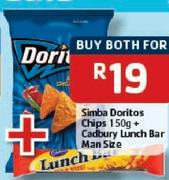 Simba Doritos Chips 150Gm+ Cadbury Lunch Bar Man Size