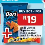 Simba Doritos Chips Assorted-150g + Cadbury Lunch Bar Man Size