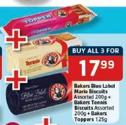 Bakers Blue Label Marie Biscuits Assorted-200g + Bakers Tennis Biscuits Assorted-200g + Bakers Toppe