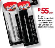 Scripto Prime Status Ball Pen Black Ink Or "City Steel" Ball Pen Gift Box Or Stylus Touch Pen Each
