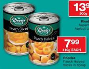 Rhodes Peach Halves/Slices In Syrup-410gm Each