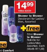 Shower To Shower Deodorant For Ladies/Men, Assorted 150ml 