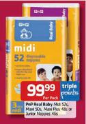 PnP Real Baby Midi-52's, Maxi-50's, Maxi Plus-48's Or Junior Nappies-46's Per Pack
