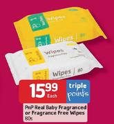 PnP Real Baby Fragranced or Fragrance Free Wipes-80's Each