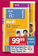 PnP Real Baby Midi 52's, Maxi 50's, Maxi Plus 48's or Junior Nappies 46's-Per Pack