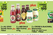 2xAll Gold Tomato Sauce700ml+2xMRS Balls Mild Chutney470g+2xCrosse & Blackwell Mayonnaise750ml-790ml