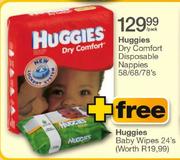 Huggies Dry Comfort Disposable Nappies-58/68/78's Per Pack+ Free Huggies Baby Wipes-24's