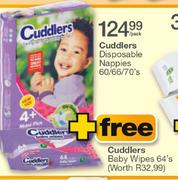 Cuddlers Disposable Nappies-60/66/70's+ Free Cuddlers Baby Wipes-64's