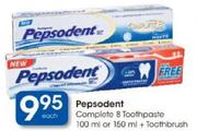Pespsodent Complete 8 Toothpaste 100ml Or 150ml+Toothbrush-Each