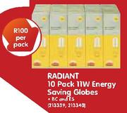 Radiant 10 Pack 11W Energy Saving Globes-Per Pack
