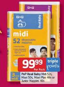 Pnp Real baby Midi-52's/Maxi 50's/Maxi Plus 48's Or Junior Nappies 46's Pack