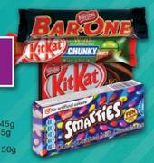 Nestle Chocolates Bar One-55g/4-Finger Kitkat-45g/Kitkat Chunky-45g/Smarties-40g Each