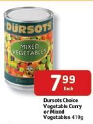 Dursots Choice Vegetable Curry Or Mixed Vegetables-410g Each