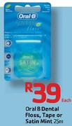 Oral B Dental Floss, Tape Or Satin Mint-25M Each