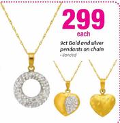 9ct Gold And Silver Pendants On Chain Each