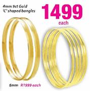 9ct Gold 'C' Shaped Bangles-4mm Each