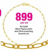 9ct Gold 50cm figaro Chain And 19cm Matching Bracelet Set-Per Set