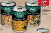 Rhodes Creamstyle/Whole Kernal Corn Mixed Vegetables Curried Mixed Vegetables Butter Beans-410G Each
