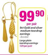 9ct Gold & Silver Medium Teardrop Earrings Bonded-Per Pair