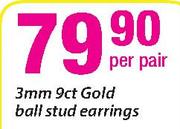 3mm 9ct Gold Ball Stud Earrings-Per Pair