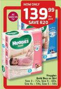 Huggies Gold Boy Or Girl Size 3-72's/Size 4-60's/Size 4+ -54's/Size 5-50's Per Pack 