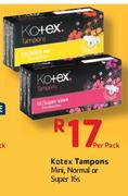 Kotex Tampons Mini, Normal Or Super-16's Per Pack