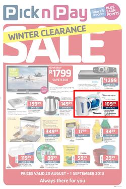 Pick N Pay : Winter Clearance Sale (20 Aug - 1 Sep 2013), page 1