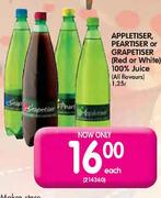 Appletiser,Peartiser Or Grapetiser(Red or white 100% Juice)1.25L-Each