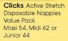 Clicks Active Stretch Disposable Nappies Value Pack Maxi 54, Midi 62 or Junior 44-Per Pack