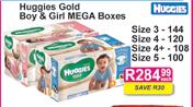 Huggies Gold Boy & Girl MEGA Boxes Size 3-144's/Size 4-120's/Size 4 Plus-108's/Size 5-100's Each 