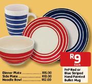 PnP Red or Blue Striped Hand Painted Bullet Mug Each