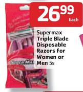 Supermax Triple Blade Disposable Razors For Women or Men-5's Each