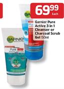 Garnier Pure Active 3 In 1 Cleanser or Charcoal Scrub Gel-150ml Each