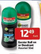 Garnier Roll On Or Deodrant Assorted-50ml Each