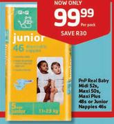 PnP Real Baby Midi-52s/Maxi-50s/Maxi Plus-48s Or Junior Nappies-46 Per Pack
