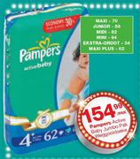 Pampers Active Baby Jumbo Pak Weggooidoeke Ekstra Groot-54's/Maxi Plus-62's Per Pack