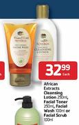 African Extracts Cleansing Lotion250ml,Facial Tonar250ml,Facial Wash100ml Or Facial Scrub100ml-Each