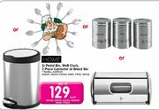 Home 5L Pedal Bin, Wall Clock, 3 Piece Cannister Or Bread Bin-Each