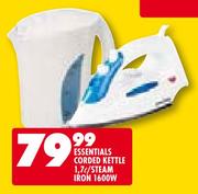 Essentials 1.7Ltr Corded Kettle/1600W Steam Iron