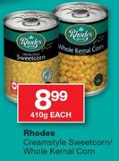 Rhodes Creamstyle Sweetcorn/Whole Kernal Corn-410g Each