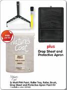 Nature's Coat 5L Matt PVA paint, Roller tray, Roller, Brush, Drop sheet and Protective Apron Paint K