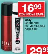 Coty Deodorant For Men/Ladies-120ml/90ml Each