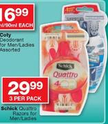  Schick Quattro Razors For Men/Ladies-3 Per Pack