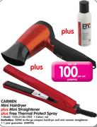 Carmen Mini Hairdryer 1235+ Mini Straightener 5138+ Free Thermal Protect Spray 1002-Per Set