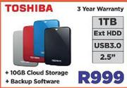 Toshiba USB 3.0 2.5" 1TB Ext HDD + 10GB Cloud Storage + Backup Software