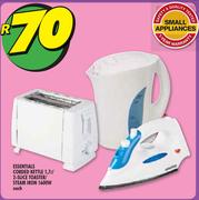 Essentials 1.7Ltr Corded Kettle/2 Slice Toaster/1600W Steam Iron-Each