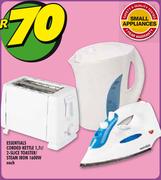 Essentials 1.7Ltr Corded Kettle/2 Slice Toaster/1600W Steam Iron-Each
