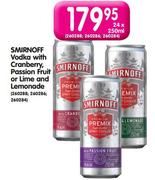Smirnoff Vodka With Cranberry, Passion Fruit Or Lime And Lemonade-24 x 250ml